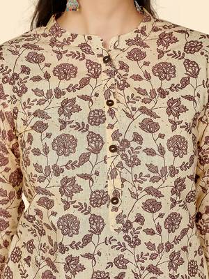 Vbuyz Women's Floral Print Straight Cotton Beige Stitched Kurta 7