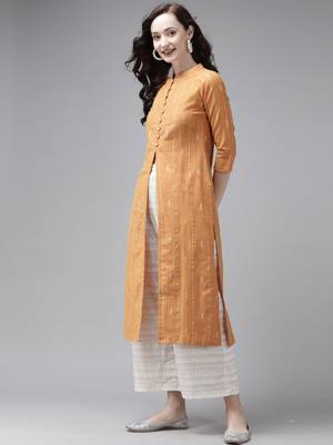 Indo Era Yellow Woven Straight Kurta 3
