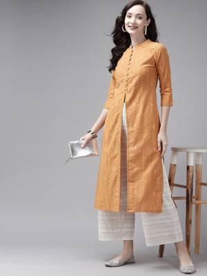 Indo Era Yellow Woven Straight Kurta 4