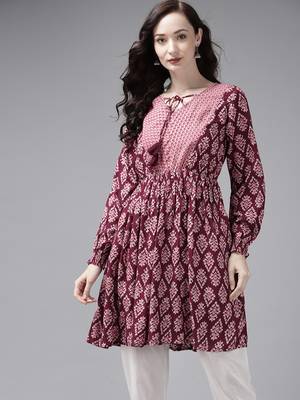 Indo Era Maroon Printed A-line Kurta 1