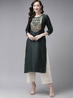 Indo Era Green Solid Straight Kurta 1