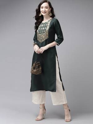 Indo Era Green Solid Straight Kurta 4