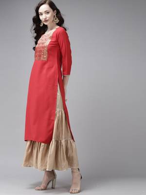 Indo Era Red Solid Straight Kurta 3