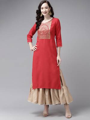 Indo Era Red Solid Straight Kurta 1