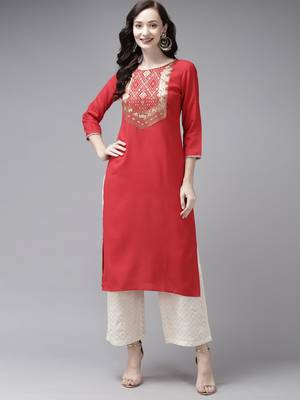 Indo Era Red Solid Straight Kurta 1