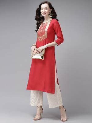 Indo Era Red Solid Straight Kurta 4