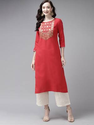 Indo Era Red Solid Straight Kurta 1