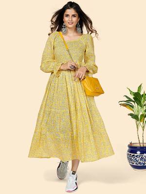 Vbuyz Women's Printed Anarkali Cotton Yellow Stitched Kurta 1