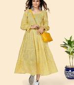 Vbuyz Women's Printed Anarkali Cotton Yellow Stitched Kurta