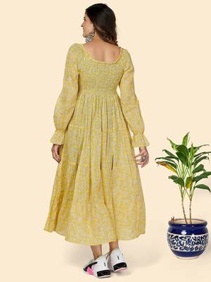 Vbuyz Women's Printed Anarkali Cotton Yellow Stitched Kurta 3