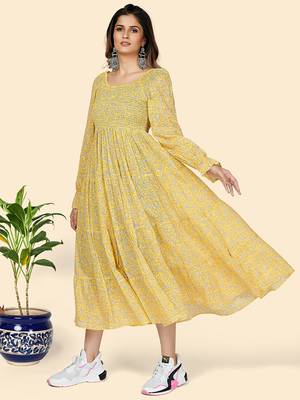 Vbuyz Women's Printed Anarkali Cotton Yellow Stitched Kurta 4