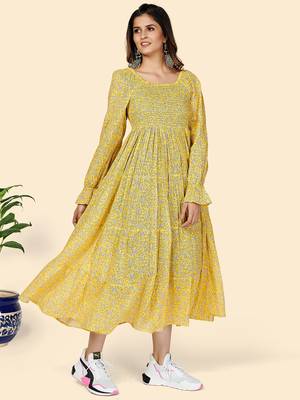Vbuyz Women's Printed Anarkali Cotton Yellow Stitched Kurta 5