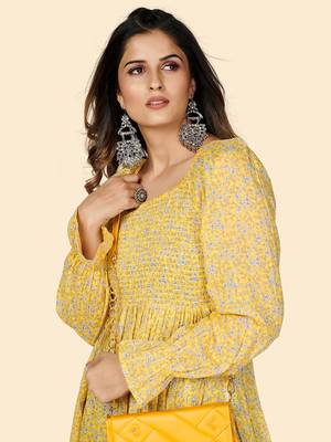 Vbuyz Women's Printed Anarkali Cotton Yellow Stitched Kurta 6