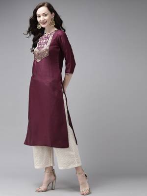Indo Era Wine Solid Straight Kurta 3