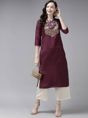 Indo Era Wine Solid Straight Kurta 4