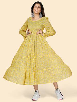 Vbuyz Women's Printed Anarkali Cotton Yellow Stitched Kurta 8
