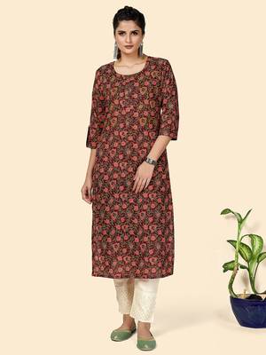 Vbuyz Women's Printed & Sequience Work Straight Cotton Purple Stitched Kurta 1