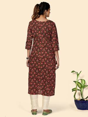 Vbuyz Women's Printed & Sequience Work Straight Cotton Purple Stitched Kurta 3