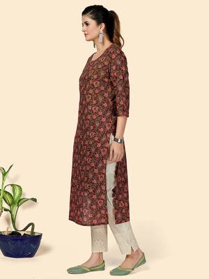 Vbuyz Women's Printed & Sequience Work Straight Cotton Purple Stitched Kurta 4