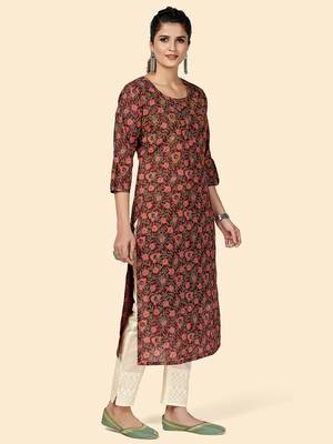 Vbuyz Women's Printed & Sequience Work Straight Cotton Purple Stitched Kurta 5