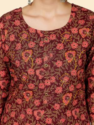 Vbuyz Women's Printed & Sequience Work Straight Cotton Purple Stitched Kurta 7