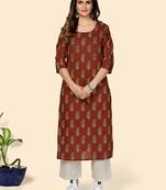 Vbuyz Women's Printed & Hand Work Straight Cotton Red Stitched Kurta