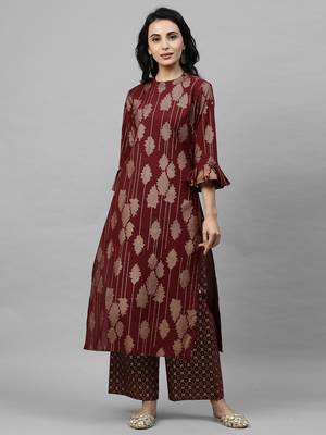 Indo Era Maroon Foil Printed Straight Kurta Palazzo with Dupatta Set 2