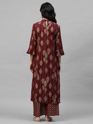 Indo Era Maroon Foil Printed Straight Kurta Palazzo with Dupatta Set 3