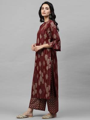 Indo Era Maroon Foil Printed Straight Kurta Palazzo with Dupatta Set 4