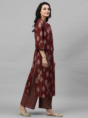 Indo Era Maroon Foil Printed Straight Kurta Palazzo with Dupatta Set 5