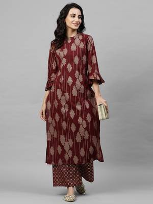 Indo Era Maroon Foil Printed Straight Kurta Palazzo with Dupatta Set 1