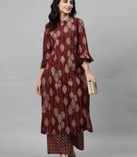 Indo Era Maroon Foil Printed Straight Kurta Palazzo with Dupatta Set