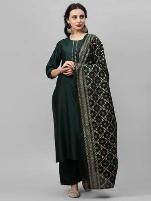 Indo Era Green Solid Straight Kurta Palazzo with Foil Dupatta Set 1