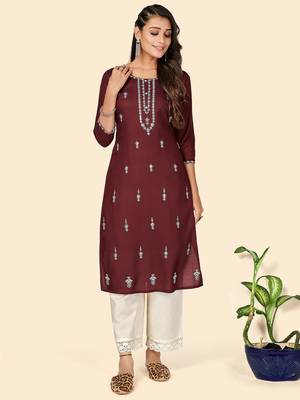 Vbuyz Women's Embroidered Straight Rayon Purple Stitched Kurta 2