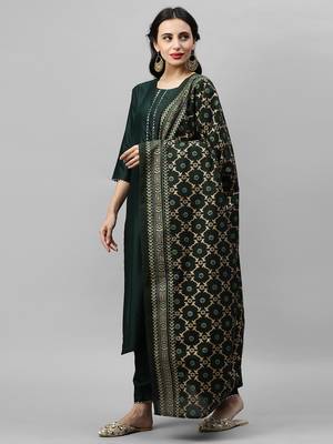 Indo Era Green Solid Straight Kurta Palazzo with Foil Dupatta Set 3
