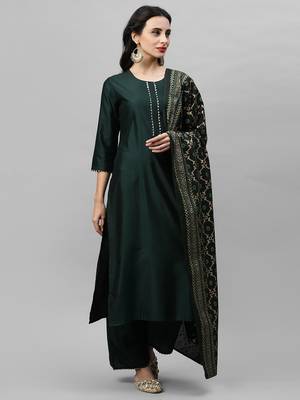 Indo Era Green Solid Straight Kurta Palazzo with Foil Dupatta Set 4