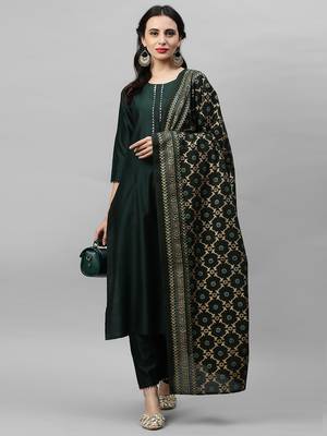 Indo Era Green Solid Straight Kurta Palazzo with Foil Dupatta Set 5