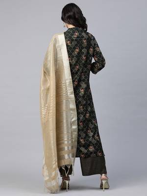 Indo Era Green Foil Floral Printed Straight Kurta Palazzo with Dupatta Set 2