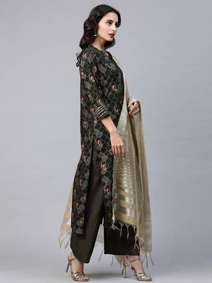 Indo Era Green Foil Floral Printed Straight Kurta Palazzo with Dupatta Set 4