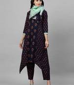 Indo Era Navy Blue Floral Printed A-Line Kurta Pant with Stole Set