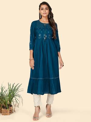 Vbuyz Women's Embroidered Anarkali Rayon Dark Aqua Stitched Kurta 1