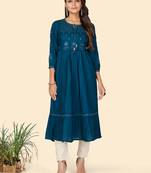 Vbuyz Women's Embroidered Anarkali Rayon Dark Aqua Stitched Kurta
