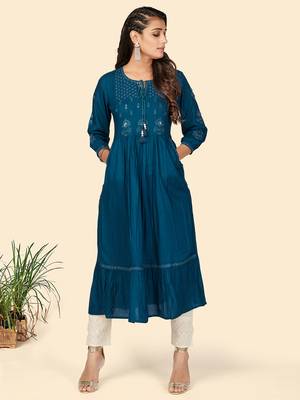 Vbuyz Women's Embroidered Anarkali Rayon Dark Aqua Stitched Kurta 2