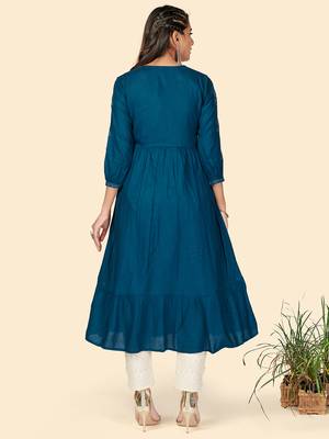 Vbuyz Women's Embroidered Anarkali Rayon Dark Aqua Stitched Kurta 3