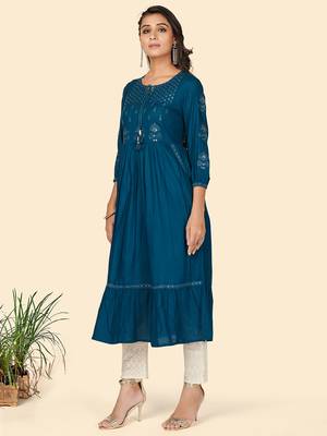 Vbuyz Women's Embroidered Anarkali Rayon Dark Aqua Stitched Kurta 4
