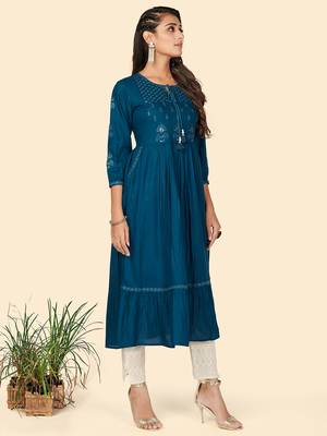 Vbuyz Women's Embroidered Anarkali Rayon Dark Aqua Stitched Kurta 5