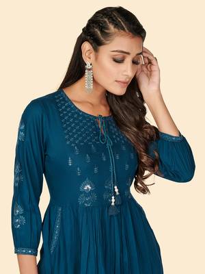 Vbuyz Women's Embroidered Anarkali Rayon Dark Aqua Stitched Kurta 6