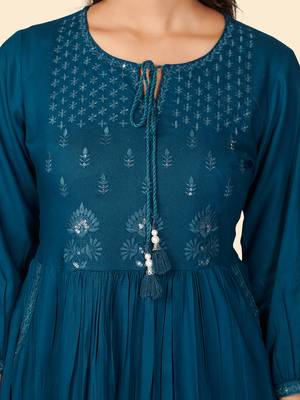 Vbuyz Women's Embroidered Anarkali Rayon Dark Aqua Stitched Kurta 7