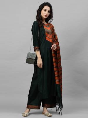 Indo Era Green Solid Straight Kurta Palazzo with Dupatta Sets 5