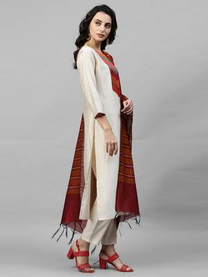 Indo Era Cream Solid Straight Kurta Pant with Dupatta Sets 4
